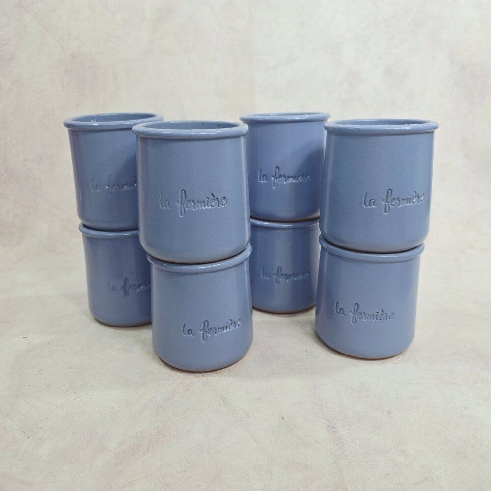 Set of 8 Fermière Cermer Yogurt Pots Crocks Jars French Blue